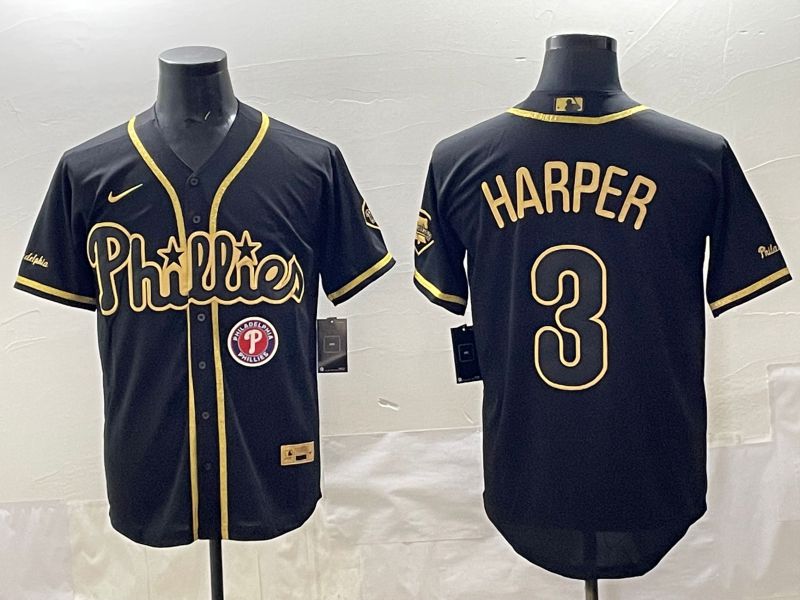 Men 2025 Philadelphia Phillies 3 Harper Black Gold Throwback Nike MLB Jersey style 004